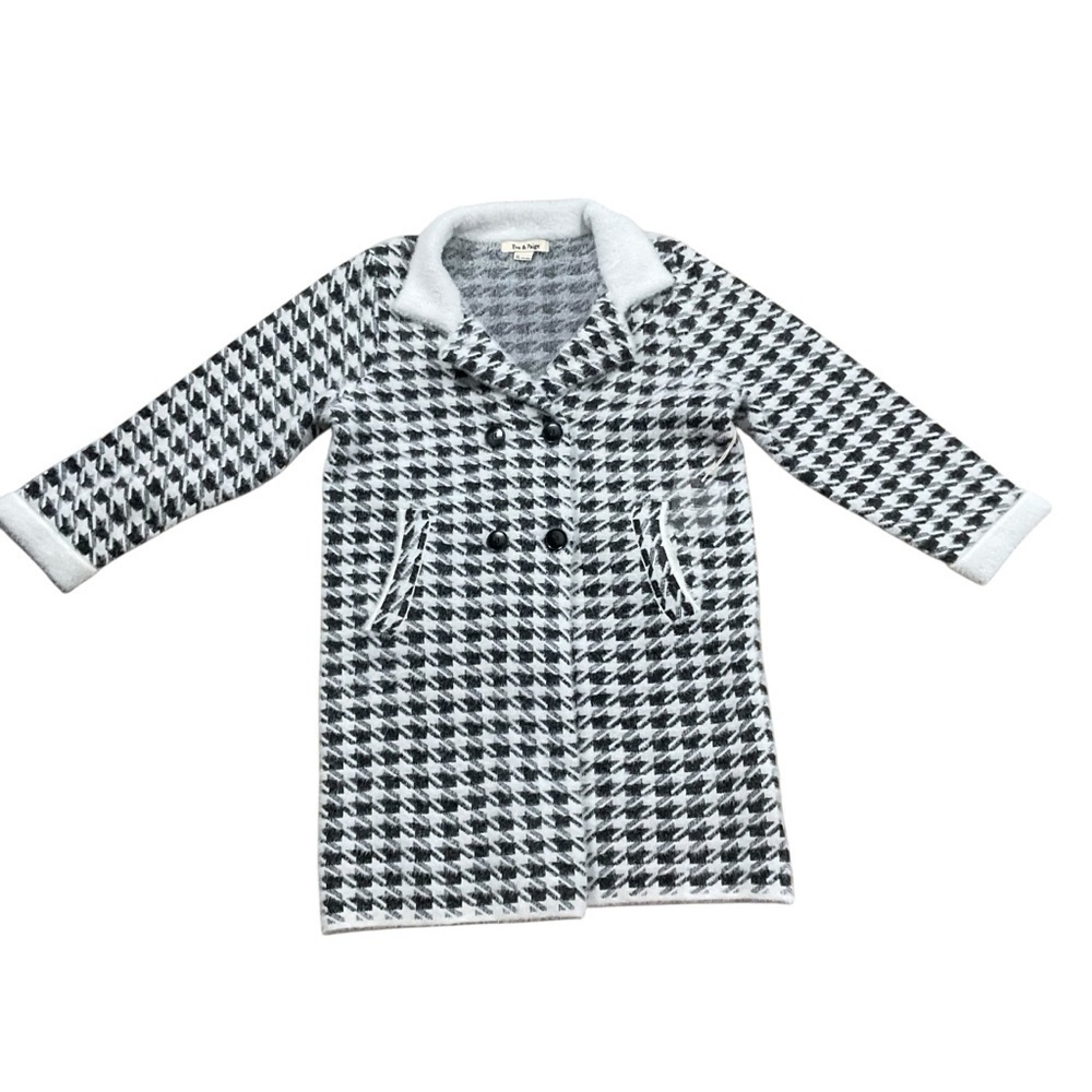 Eva & Paige Houndstooth Double Breasted Fuzzy Knit Coat Jacket Black White XL